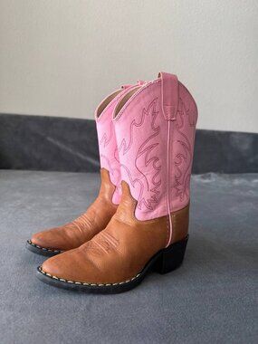 Old West Brown Pink Leather Cowboy Boots Youth Size 11.5 D Style 8139